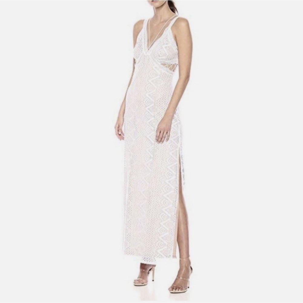 GUESS White Geometric Lace Maxi Dress Caged Waist Cutout VNeck White Nude Medium